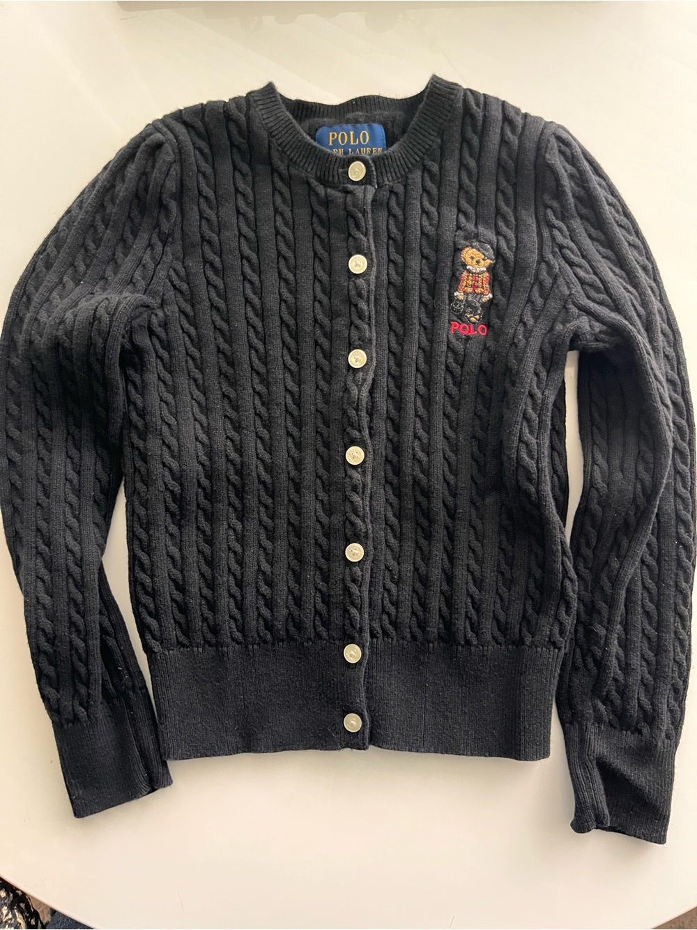 Polo by Ralph Lauren Black Cable-Knit Crewneck Button Cardigan with Bear Patch